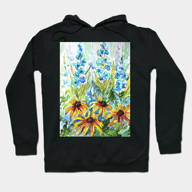 Delphinium and Echinacea  Flowers Watercolor Painting Hoodie by SvitlanaProuty